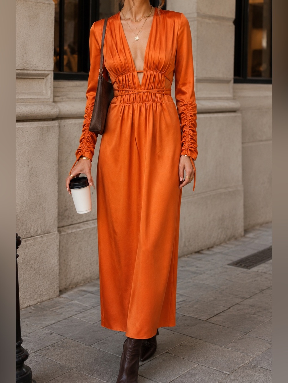 NWT Alejandra Alonso Rojas Orange Midi Satin Silk Dress Nwt Sz 8    E